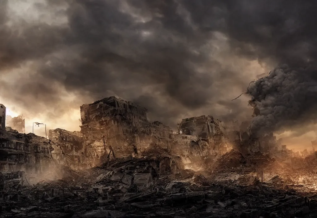 Image similar to a photo of an awesome dramatic apocalyptic vista scene with smoke and destroyed buildings, dramatic lighting