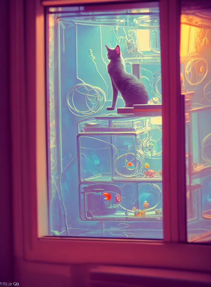 Image similar to telephoto 7 0 mm f / 2. 8 iso 2 0 0 photograph depicting the feeling of chrysalism in a cosy safe cluttered french sci - fi ( ( art nouveau ) ) cyberpunk apartment in a pastel dreamstate art cinema style. ( cat ) ( ( fish tank ) ), ambient light.