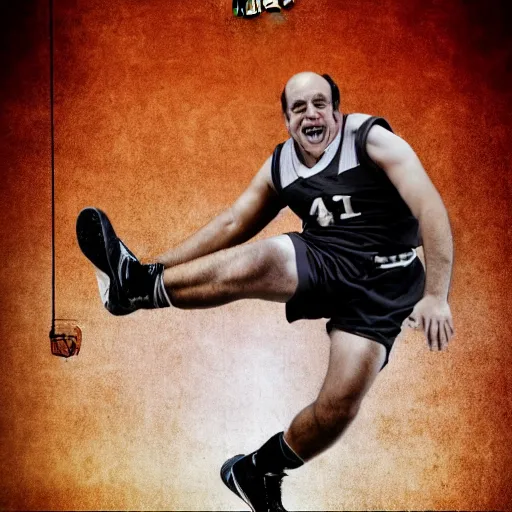 Image similar to Danny Devito dunk poster, 4K ultra realistic, sports photo, award winning photo, high shutter speed, athletic, high resolution photo