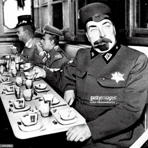 Image similar to joseph stalin eating at mcdonald's, press photo, caught off guard, surprised, paparazzi