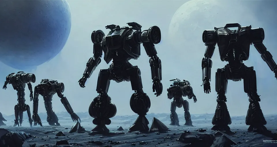 Image similar to hyper realistic sci - fi matte concept art painting of humanoid battlemechs fighting on the moon, guns, missiles, explosions, beautiful details, strong composition painted by kim jung guweta studio rutkowski, james gurney and greg rutkowski, and lucasfilm, smooth, intricate, detailed, sharp focus, cinematic