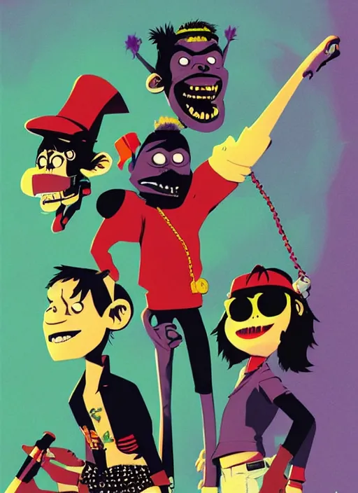 Prompt: gorillaz, official art by jamie hewlett, press shot, phase 2, four characters