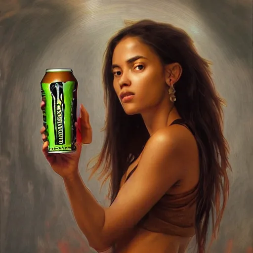 Prompt: artstation concept of a beautiful girl holding Monster Energy drink, brown skin, sweaty skin, symmetrical face, casual white garment, brown canyon background, shiny colorful, hyperdetailed, artstation trending, world renowned artists, worth1000.com, historic artworks society, antique renewal, cgsociety, by greg rutkowski, by Alphonse Mucha, Deviantart