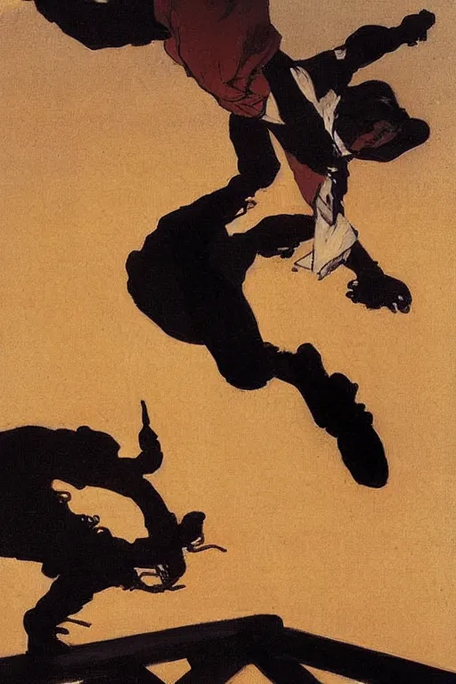 Image similar to a ninja jumping from the roof at night by joaquin sorolla, syd mead, hokusai