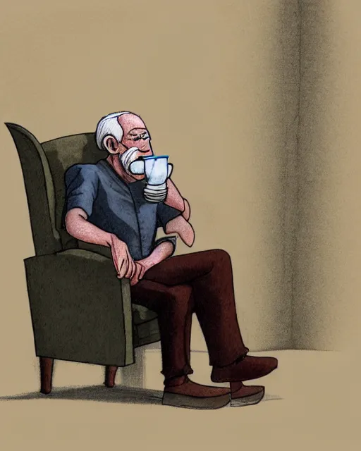 Image similar to old man sat eating cake and drinking a cup of tea in a large comfy chair in a padded cell, ultra realistic, concept art, intricate details, highly detailed