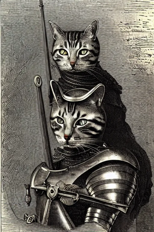 Image similar to engraving portrait of humanoid cat in medieval armoury by gustave dore