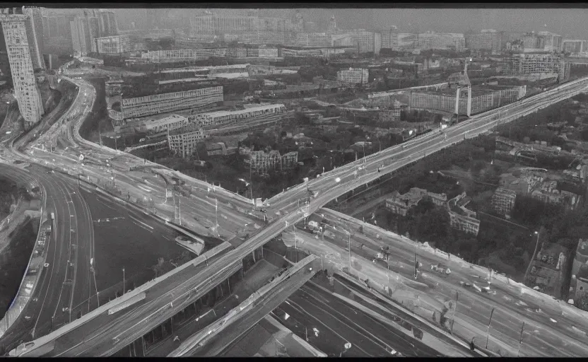 Prompt: high quality 2000s historic footage of soviet boulevard with stanilist style high rise and pedestrians, aerial photo night vision, Cinestill 800t 18mm, heavy grainy picture, very detailed, high quality, 4k panoramic, billboards and streetlight at night, rain, mud, foggy