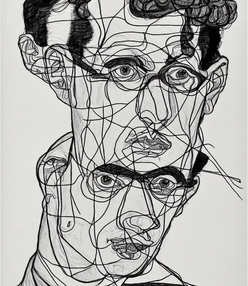 Prompt: detailed line art portrait of henri cartier - bresson, inspired by egon schiele. caricatural, minimalist, bold contour lines, musicality, soft twirls curls and curves, confident personality, raw emotion