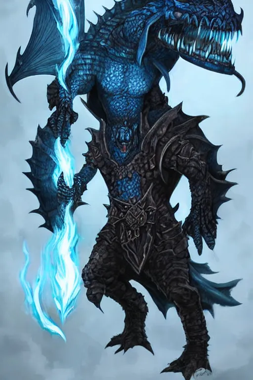 Image similar to a dark blue dragonborn with large tusks, half of his face flaming with blue flame, he wears a black dragon scales armor, D&D art