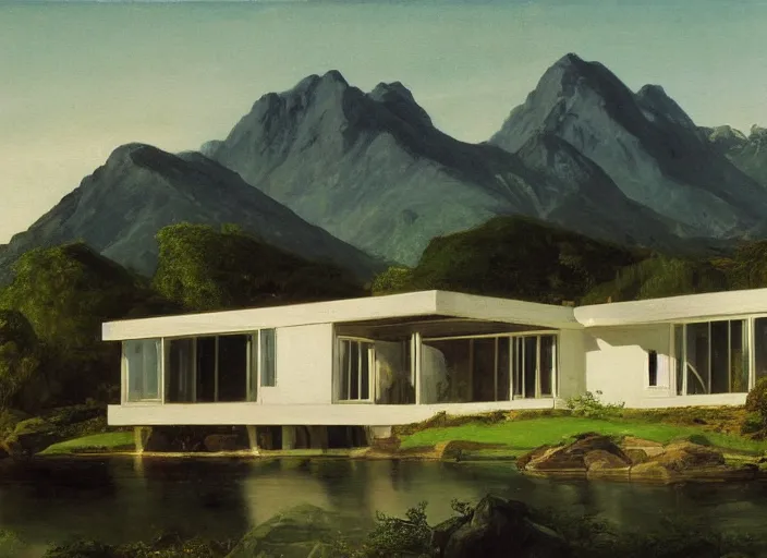 Image similar to painting of a richard neutra house in front of beautiful mountains by thomas cole