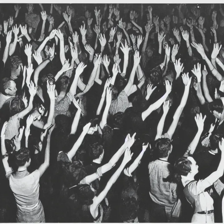 Image similar to “Techno house rave, people dancing around gigantic ENIAC supercomputer, hands up, 1930's, antique photo”