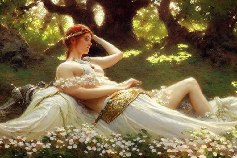 Image similar to a tired warrior relaxing under a huge tree with white flowers, fantasy, painting by gaston bussiere, craig mullins, j. c. leyendecker, trending on artstation