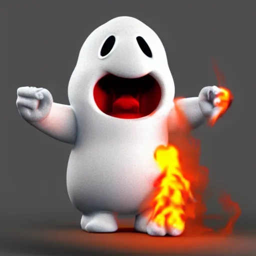 Image similar to a 3 - d rendering of a marshmallow screaming in pain while it is on fire