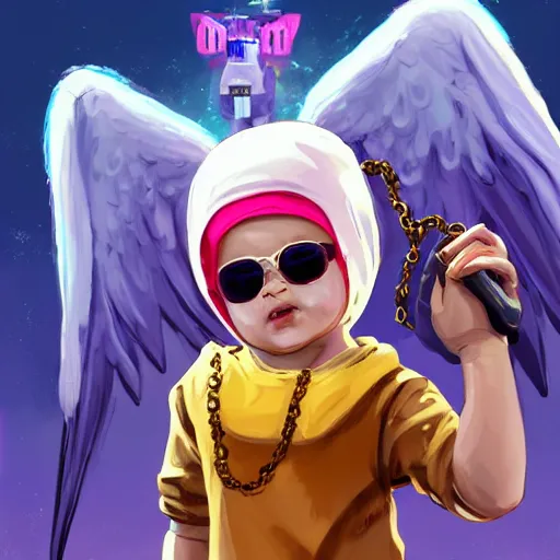 Image similar to baby Angel, baby cherub,wearing angel halo, ski mask, balaclava, face covered, wearing angel halo covered face, orange hoodie, hip hop, multiple golden necklaces, fantasy art apex fortnite Video game icon, 2d game art gta5 cover , official fanart behance hd artstation by Jesper Ejsing, by RHADS, Makoto Shinkai and Lois van baarle, ilya kuvshinov, rossdraws