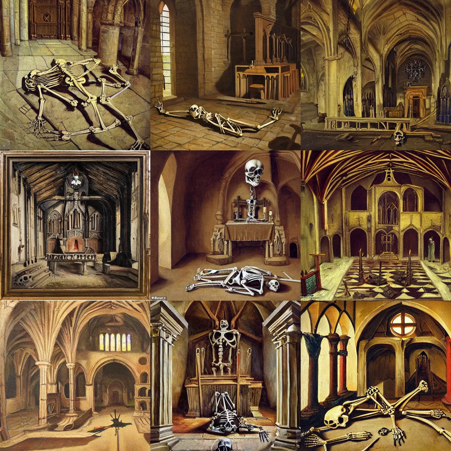 Prompt: bizarre but captivating oil painting of a medieval church interior with a skeleton lying on the ground