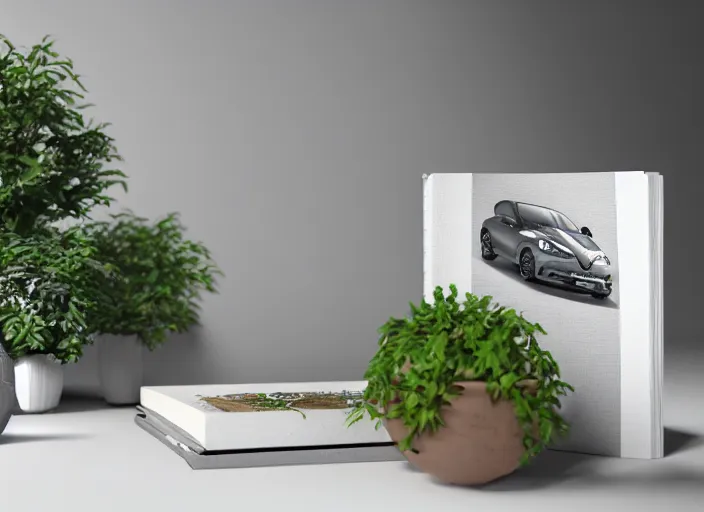 Prompt: a small miniature of a Renault Clio on a white table near a book and a vase with a plant, 3d render, octane render, unreal engine 5, path tracing, serene landscape, calm, relaxing, beautiful landscape, highly detailed, high quality, 4k, symmetrical, low contrast