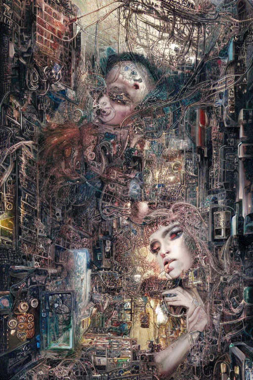 Image similar to all the art inside a computer's printed circuits painted by mahmoud farshchian, mia brownell, very detailed,, hyper realism, cyberpunk shading, cinematic composition, photorealistic, wide shot