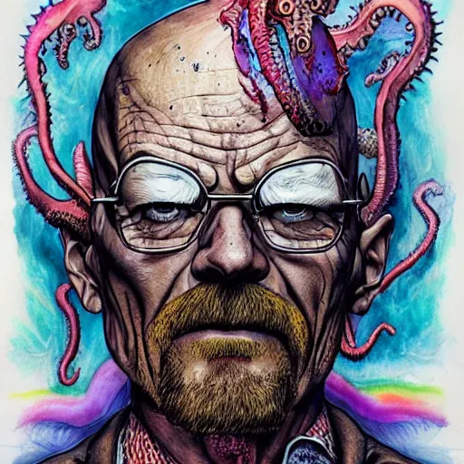 Prompt: Walter White as a Lovecraftian monster, detailed, portrait, intricate, illustration, ink and watercolor drawing by Kim Jung Gi, hyperdetailed, trending on artstation, highly detailed, Aaron Horkey, colorful, rainbow, paint splatter