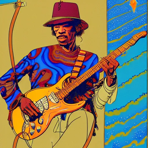 Image similar to artwork by Moebius showing Jimi Hendrix sitting on the rings of Saturn playing his electric guitar