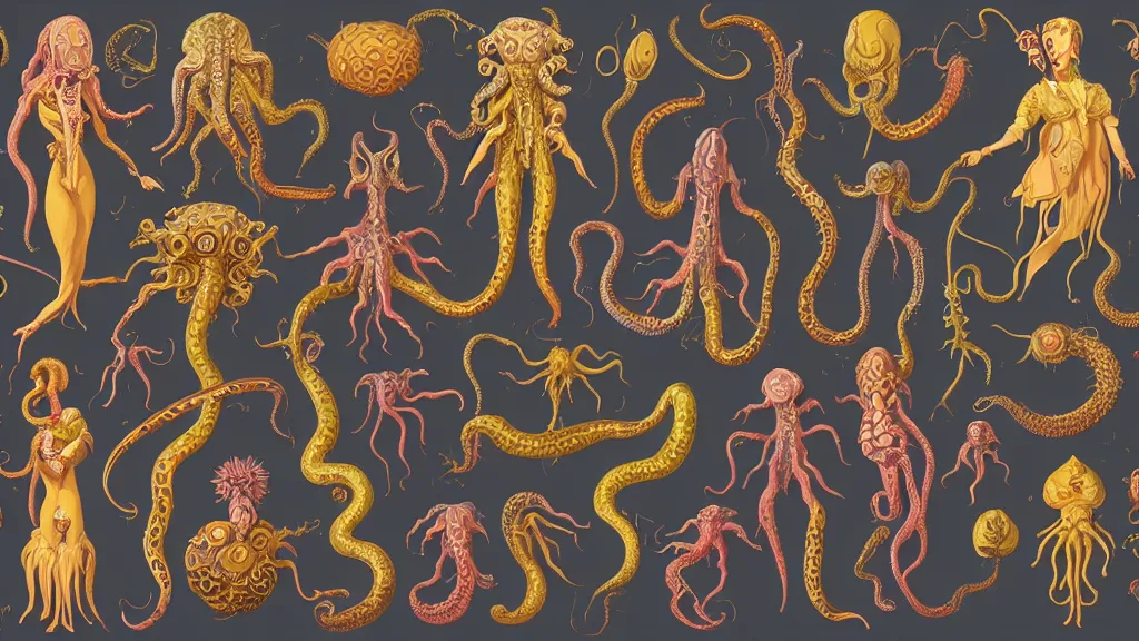 Image similar to vector, highly detailed colorful character sheet for a stocky alien extraterrestrial victorian female servant maid with thick snake - like tentacles instead of hair, long dress with apron, ernst haeckel, jim henson creature shop, coherent, illustration, digital art, trending on artstation, hd, 8 k, good lighting, beautiful, rough paper, masterpiece