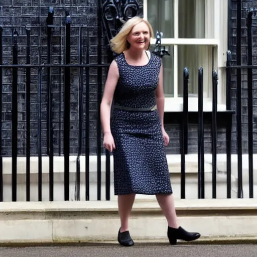 Prompt: Liz Truss outside Number 10 Downing Street as Prime Minister on TV