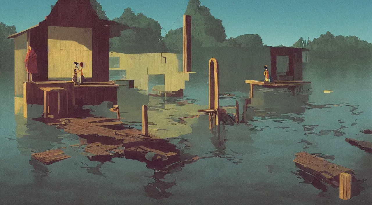 Prompt: single flooded! simple wooden dungeon entrance, very coherent and colorful high contrast!! masterpiece by rene magritte simon stalenhag carl spitzweg syd mead norman rockwell edward hopper james gilleard, water, minimalist, dark shadows, sunny day, hard lighting