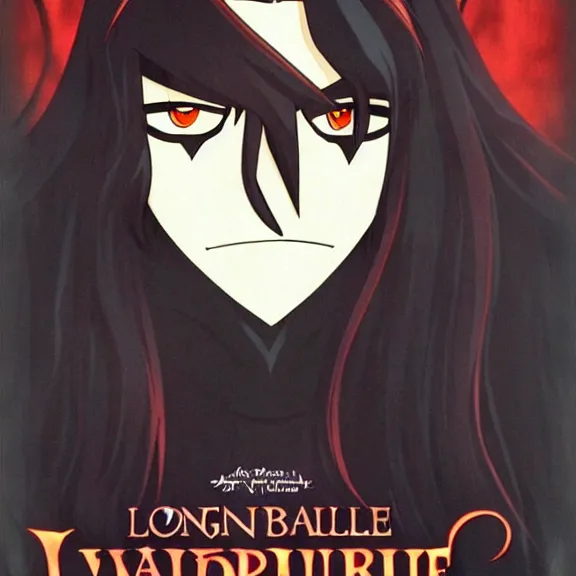 Image similar to vampire lord, long black hair, handsome, disney movie poster, animation, studio ghibli