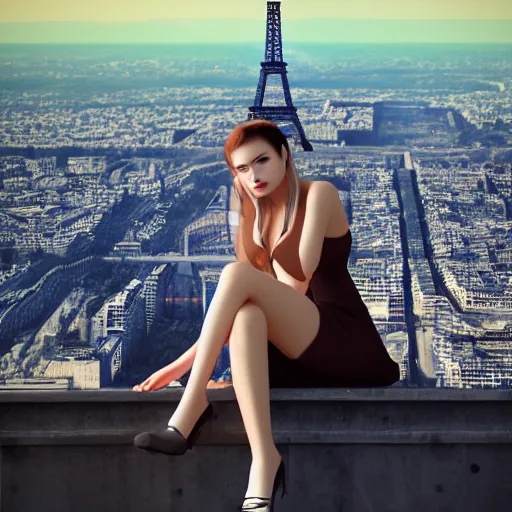 Image similar to A young beautiful giantess wearing a sundress sitting on the Eifel tower,detailed body and face, beautiful lighting,digital art , highly detailed , high contrast, beautiful lighting, award winning , trending on art station, 8k, photorealistic,unreal engine 5