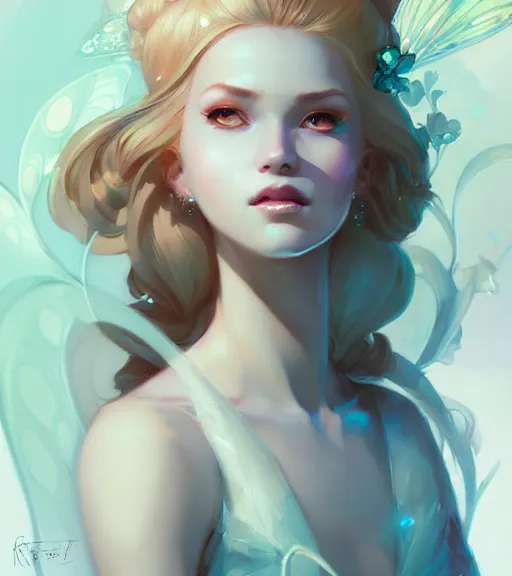 Image similar to portrait of a beautiful female fairy queen in complex and shiny dress by ross tran and artgrem, by greg rutkowski, by greg tocchini, by james gilleard, by joe fenton, by kaethe butcher, dynamic lighting, gradient light blue, brown, blonde cream and white color scheme, grunge aesthetic