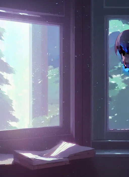 Image similar to interior, near the window, rainy outside, illustration concept art anime key visual trending pixiv fanbox by wlop and greg rutkowski and makoto shinkai and studio ghibli