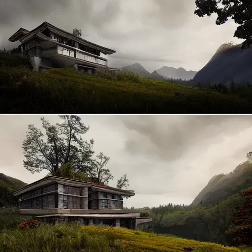 Image similar to modernist house inspired by a tibetan palace, overlooking a valley, big trees, clouds, dramatic lighting, artstation, matte painting, raphael lacoste, simon stalenhag, frank lloyd wright