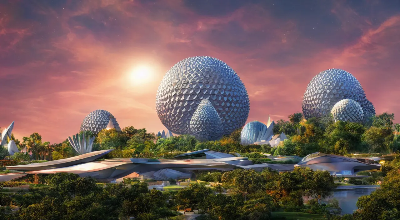 Image similar to a matte painting of spaceship earth taken at epcot at walt disney world, sunset, crowded by frank lloyd wright and zaha hadid torch volume light