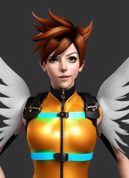 Prompt: portrait bust digital artwork of tracer overwatch, wearing iridescent rainbow latex and leather straps catsuit outfit, 4 k, expressive happy smug expression, makeup, in style of mark arian, angel wings, wearing detailed leather collar, chains, black leather harness, detailed face and eyes,