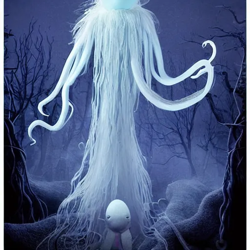 Image similar to ethereal ghostly live action muppet ghost like figure with a parasitic squid head taking over its own with four long tentacles for arms that flow gracefully at its sides like a cloak, it has a long fluffy snake tail it slithers around on, it stalks around frozen forests searching for lost souls to consume, hides in the shadows of trees, this character uses hydrokinesis and electrokinesis, it is a real muppet by sesame street, photo realistic, real, realistic, felt, stopmotion, photography, sesame street, monsters inc pixar