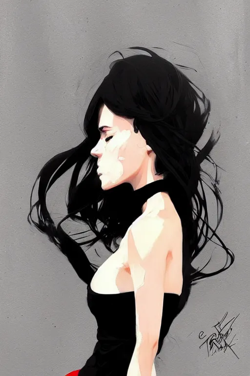 Image similar to a ultradetailed beautiful panting of a stylish woman wearing a black dress, by conrad roset, greg rutkowski and makoto shinkai, trending on artstation