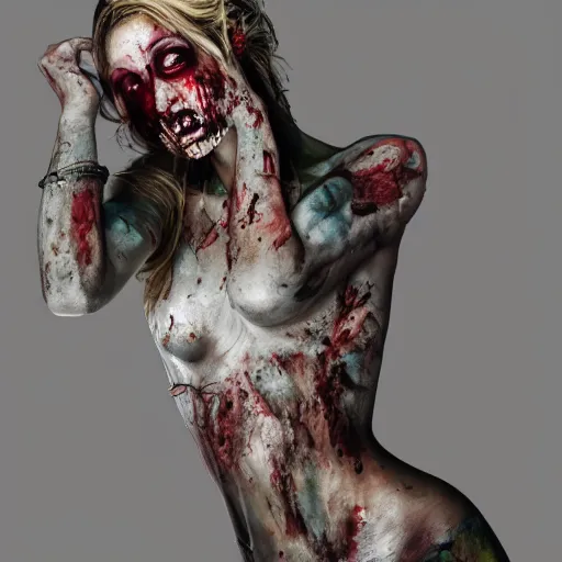 Image similar to full body pose, hyperrealistic mixed media painting of beautiful zombie woman, dim volumetric lighting, 8 k, octane beautifully detailed render, extremely hyper detailed, intricate, epic composition, cinematic lighting, masterpiece, trending on artstation, very very detailed, masterpiece, stunning, hdr, smooth, sharp focus, high resolution, award, winning photo, dslr, 5 0 mm