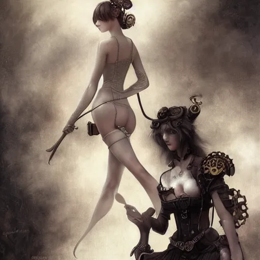 Prompt: By Tom Bagshaw, ultra realist soft painting of an attractive steampunk anime female porcelain miniature fully armored figurine with thin lustrous long hair floating, photorealistic eyes render looking at camera, curiosities carnival, symmetry accurate features, very intricate details, focus, dark fantasy background, black and white