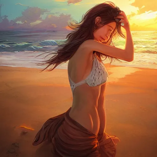 Image similar to portrait of beautiful woman on the beach, brown eyes, vomiting snakes, sunset, highly detailed, by wlop, rossdraws, artgerm.