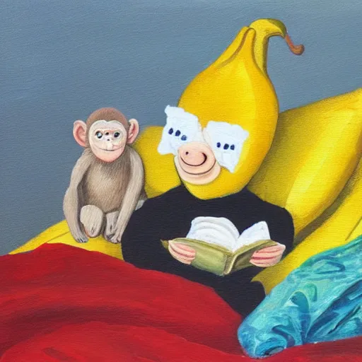 Image similar to a banana wearing a Christmas sweater reading a bedtime story to a monkey, oil painting, realistic