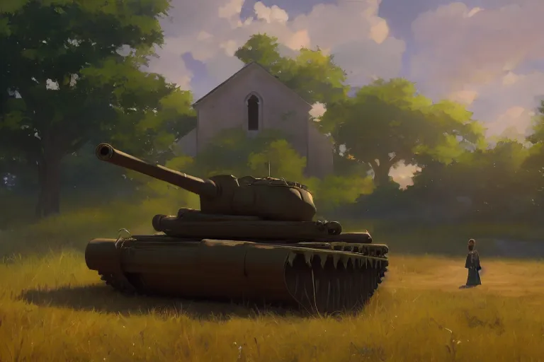 Image similar to a tank mixed with a church, scene in an open field. key visual, conceptart, ambient lighting, highly detailed, digital painting, artstation, concept art, sharp focus, by makoto shinkai and akihiko yoshida and greg manchess