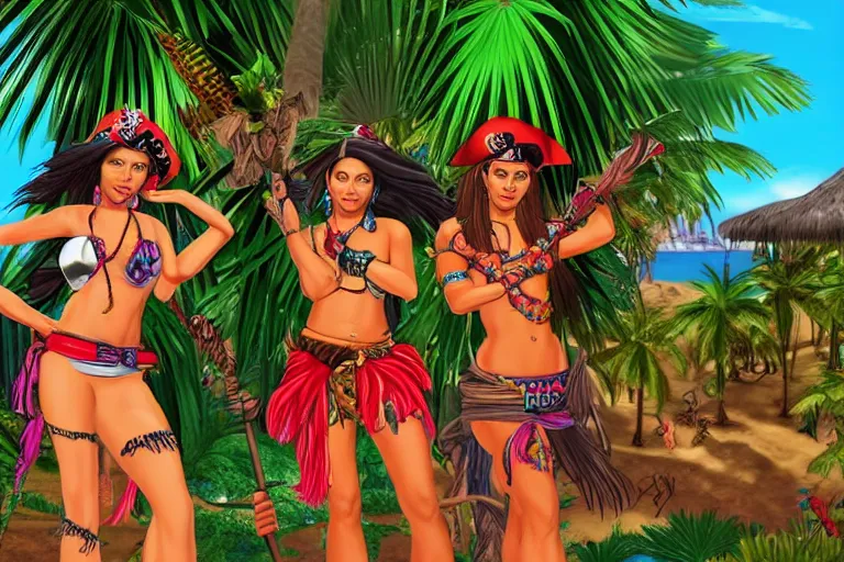 Prompt: tropical island, pirate, 2 beautiful native women, palms, in the style of 1 9 9 0 video game by sierra