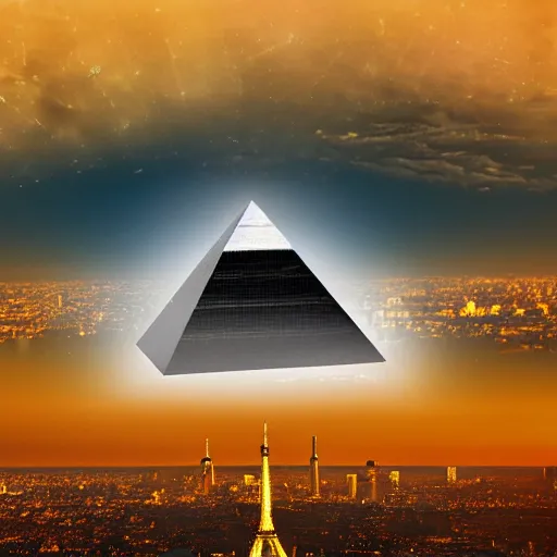 Prompt: pyramid shaped alien spaceship with flying rocket base over Paris France, photorealistic, 8k, detailed