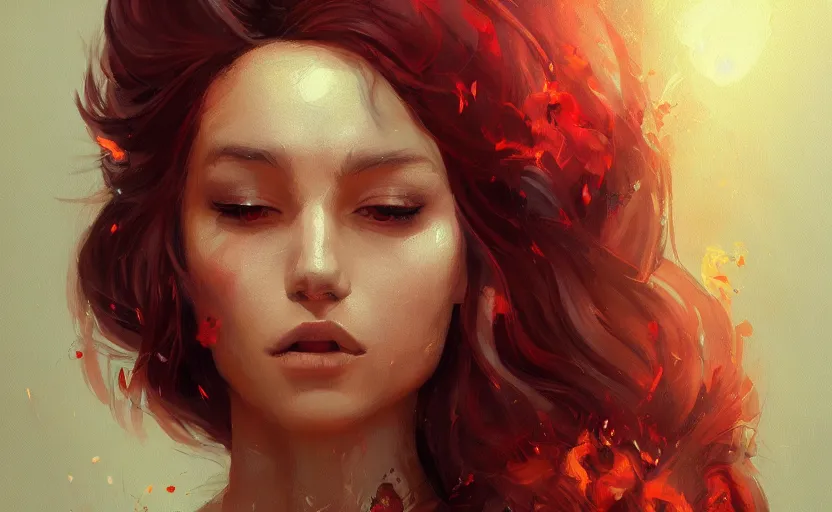 Image similar to a painting of jasmine trending on artstation in the style of greg rutkowski, beautiful, sensual, flower, portrait, adorable, alter, hell, fire hair, fire