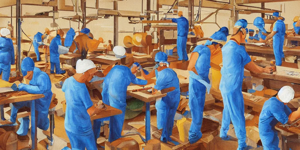 Prompt: detailed painting of blindfolded factory workers