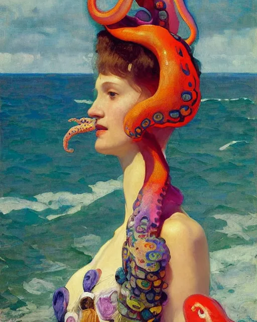 Image similar to a beautiful girl wearing a colourful octopus as a dress, painted by edgar maxence, edward hopper, wayne barlowe and james gilleard, airbrush, art by jamesjean