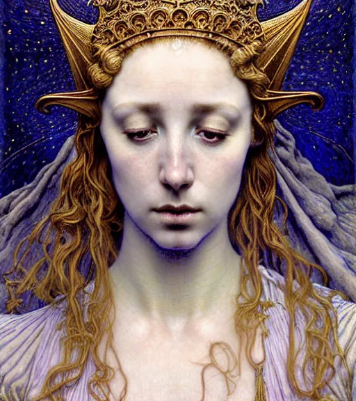 Image similar to detailed realistic beautiful young medieval queen of the andromeda galaxy face portrait by jean delville, gustave dore and marco mazzoni, art nouveau, symbolist, visionary, gothic, pre - raphaelite. horizontal symmetry by zdzisław beksinski, iris van herpen, raymond swanland and alphonse mucha. highly detailed, hyper - real, beautiful