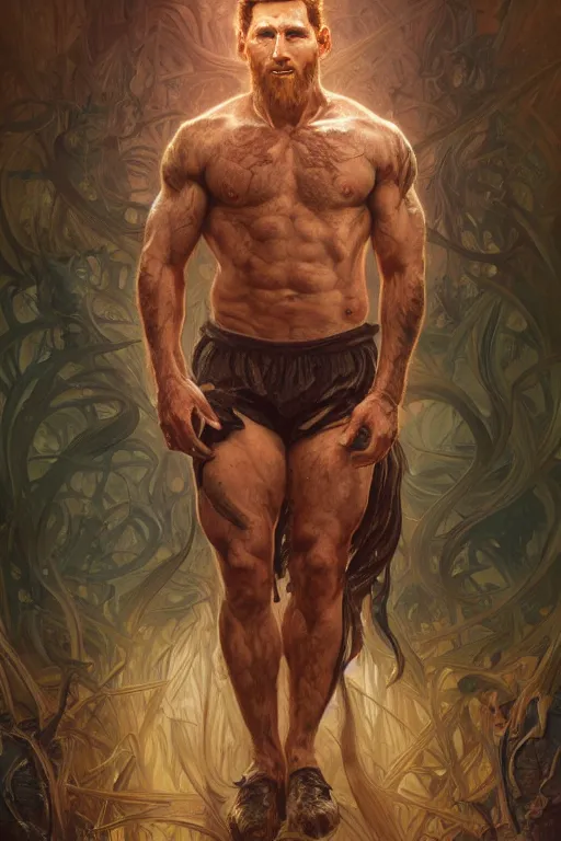 Image similar to portrait of lionel messi as a hulking herculean demon, forest, godlike, full body, fantasy, intricate, elegant, highly detailed, digital painting, artstation, concept art, sharp focus, illustration, art by artgerm and greg rutkowski and alphonse mucha