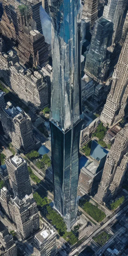 Image similar to aerial view of a giant fish tank shaped like a tower in the middle of new york city, 8k octane render, photorealistic