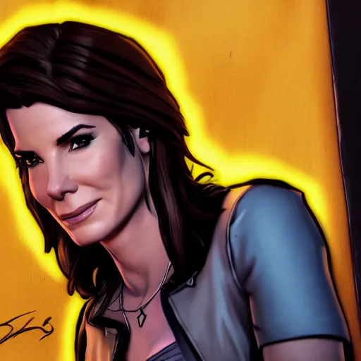 Image similar to sandra bullock portrait, borderlands, tales from the borderlands, the wolf among us, comic, cinematic lighting, studio quality, 8 k