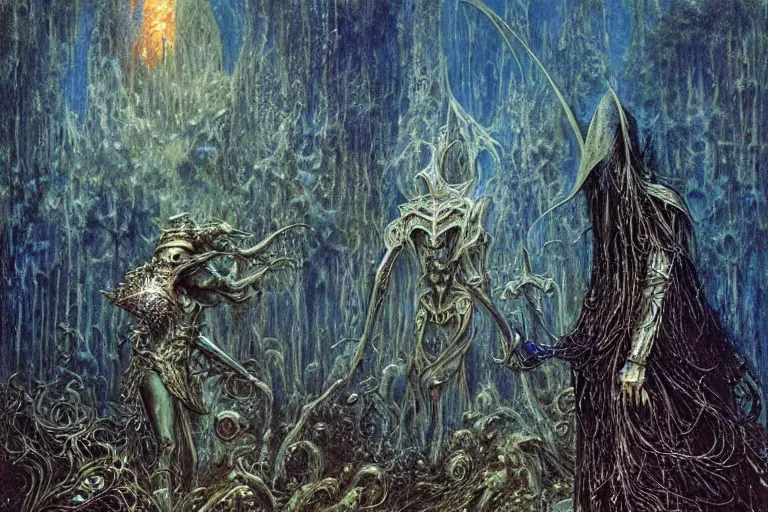 Image similar to knight in enchanted lovecraftian garden by jean delville, luis royo, beksinski, grimshaw